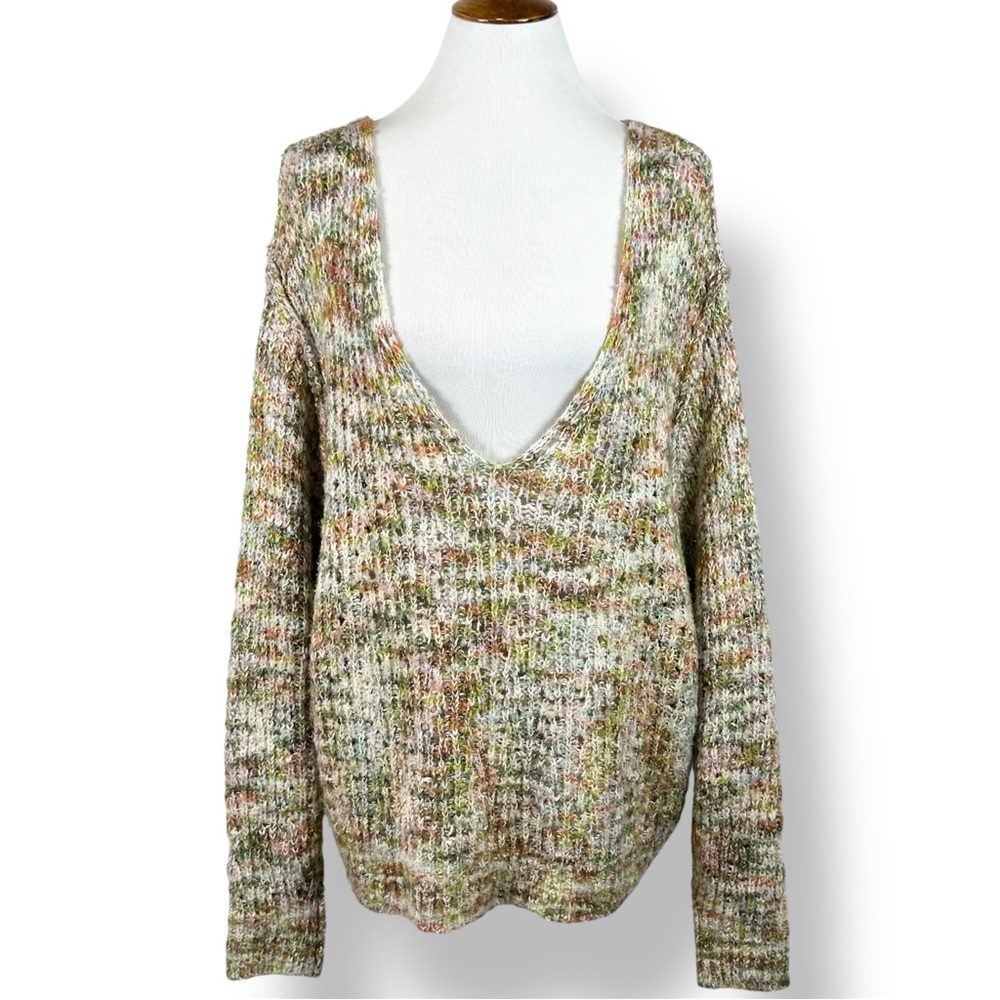 Free People Slouchy Fuzzy Chunky Crochet Pullover Long Sleeve Cream Sweater M